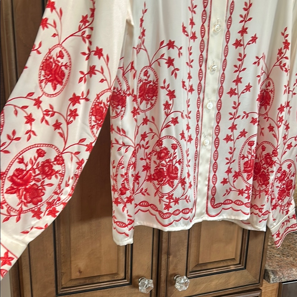 Escada White and Red Embroidered long sleeve button down blouse - Picture 3 of 6